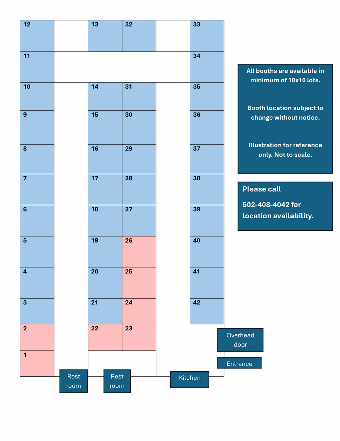 Floor plan showing available and taken booths